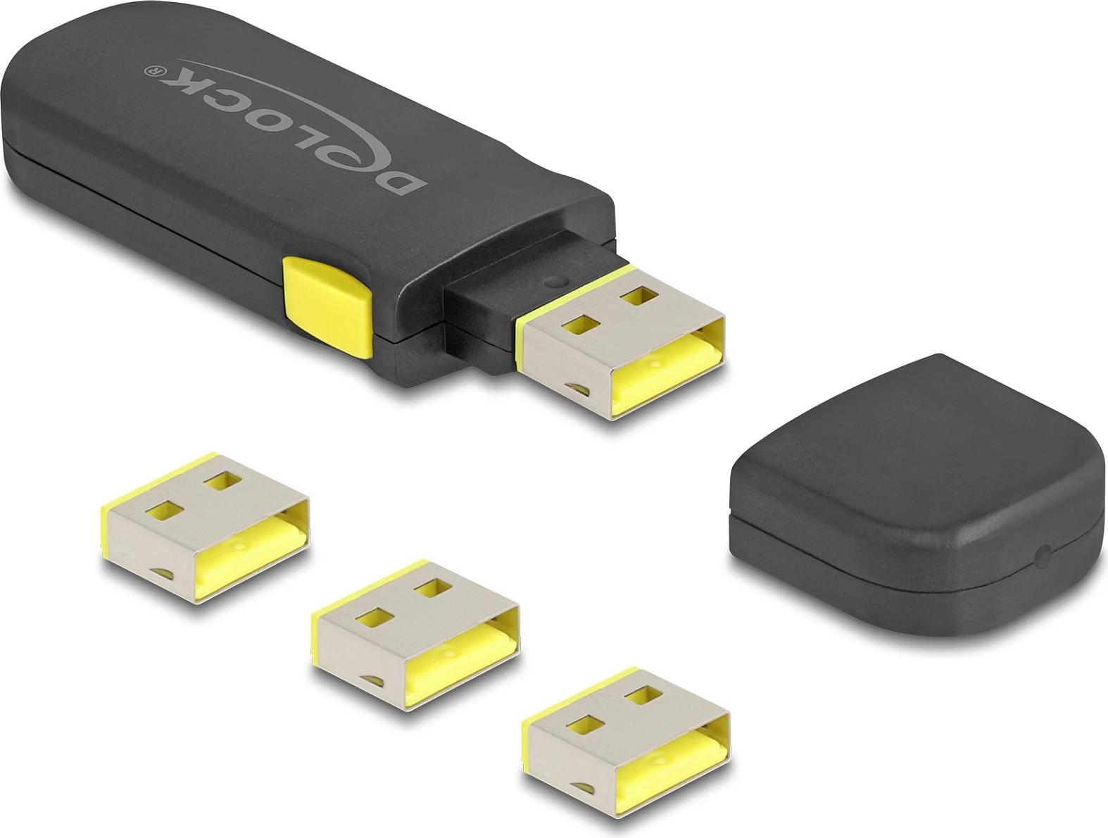 Set bllokues portash USB DeLOCK për USB Type-A, 4 copë + çelës, zi/verdhe