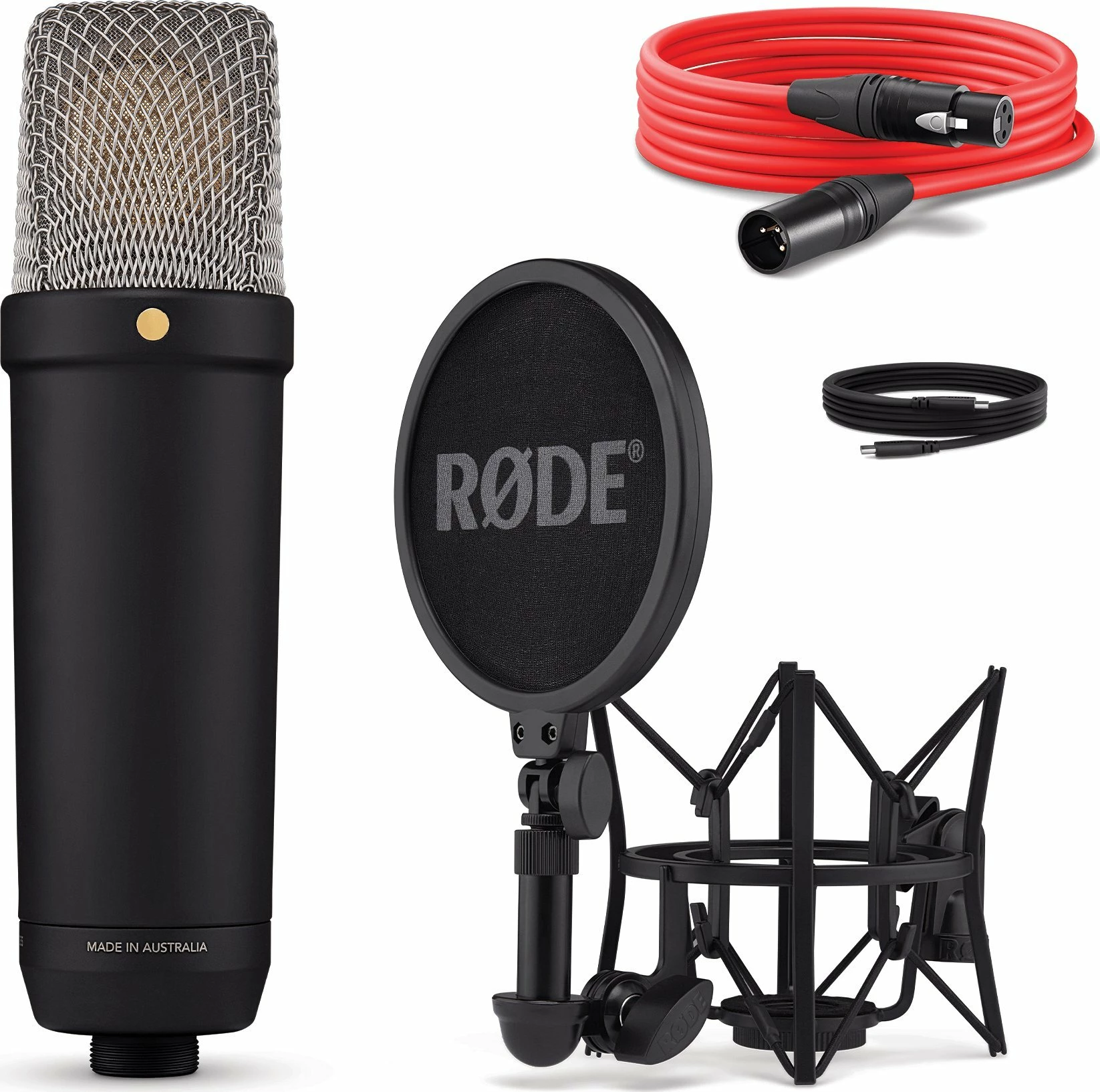 Mikrofon kondensator Rode NT1 5th Generation NT1GEN5B, USB-C/XLR, kardioid, 32-bit float, 192 kHz, i zi, set me shock mount + pop filter + kabllo XLR + kabllo USB-C