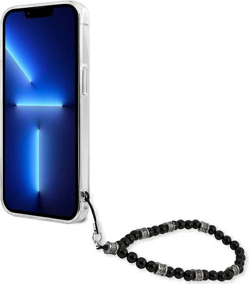 Mbështjellës Guess GUHCP13LKPSBK për iPhone 13/13 Pro 6.1", transparent me varëse perlë, Black Pearl