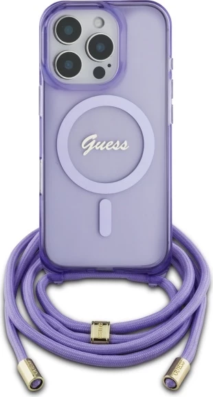 Mbështjellës Guess Crossbody Cord Script MagSafe për iPhone 16 Pro, Vjollcë
