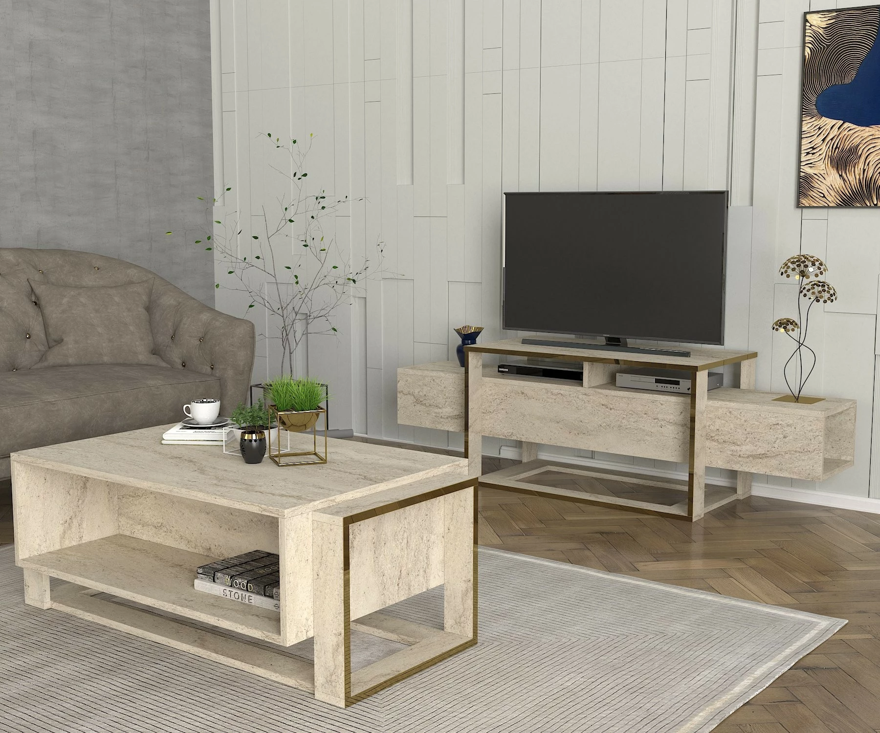 Komodë TV Hanah Home, ngjyrë travertin, Bianco