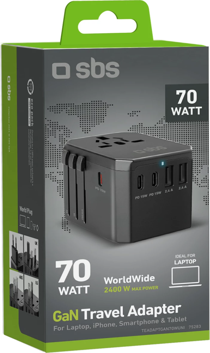 Adapter udhëtimi GaN 70W, SBS, 5 porta USB-A/USB-C, PD, prizë globale EU/UK/US/AU, me pouch, e zezë
