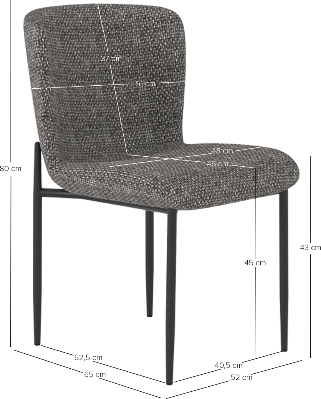 Karrige për dhomë ngrënieje, ngjyrë gri e errët, metal i zi, OBSESSION SM18101.02, 52x65x80cm