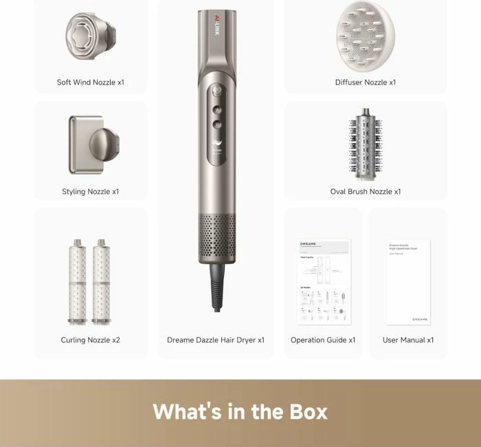 Tharëse flokësh dhe stilues DREAME Dazzle AZD20A, motor 110,000 RPM, jonizim 300 milion, ekran digjital, set me 5 shtojca magnetike, argjendtë