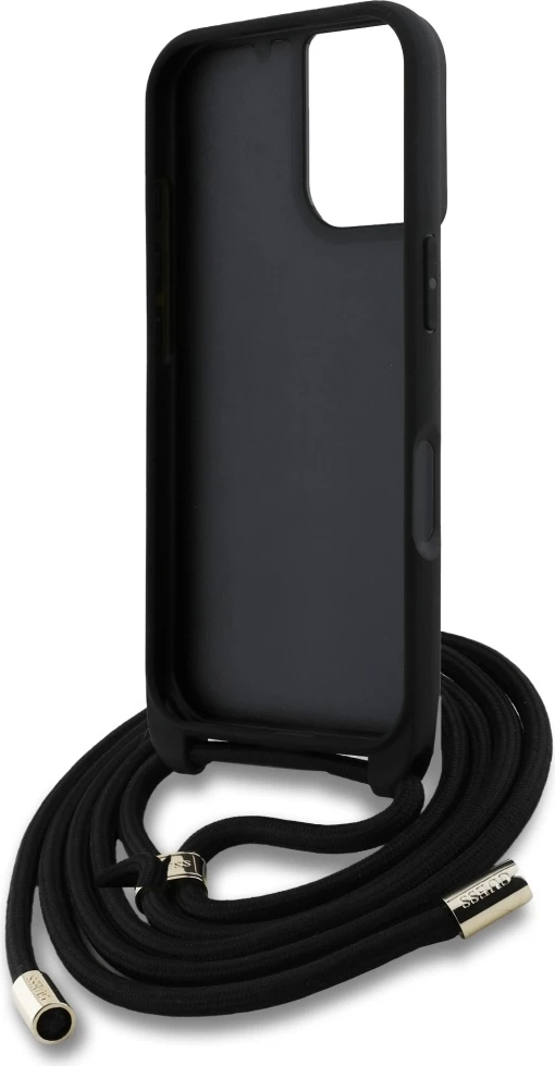 Mbështjellës Guess 4G Big Logo Cord Stap Crossbody për iPhone 16, i zi