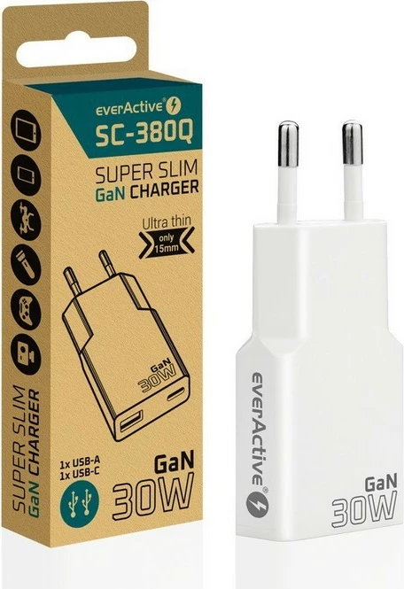 Karikues muri, everActive SC-380Q, GaN super slim 30W, 1x USB + 1x USB-C, QC 3.0/PD, e bardhë
