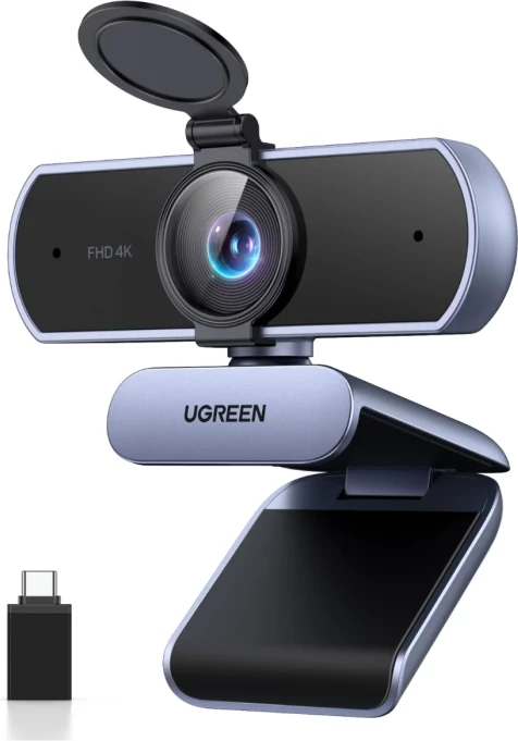 Webcam UGREEN 65381 4K 30fps / 1080p 60fps me 2 mikrofonë, kapak privatësie, adapter USB-A në USB-C