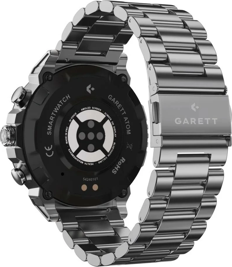 Smartwatch Garett Atom 1.43\" AMOLED, Bluetooth thirrje, IP68, 370 mAh, argjendtë, set me rrip shtesë silikonik