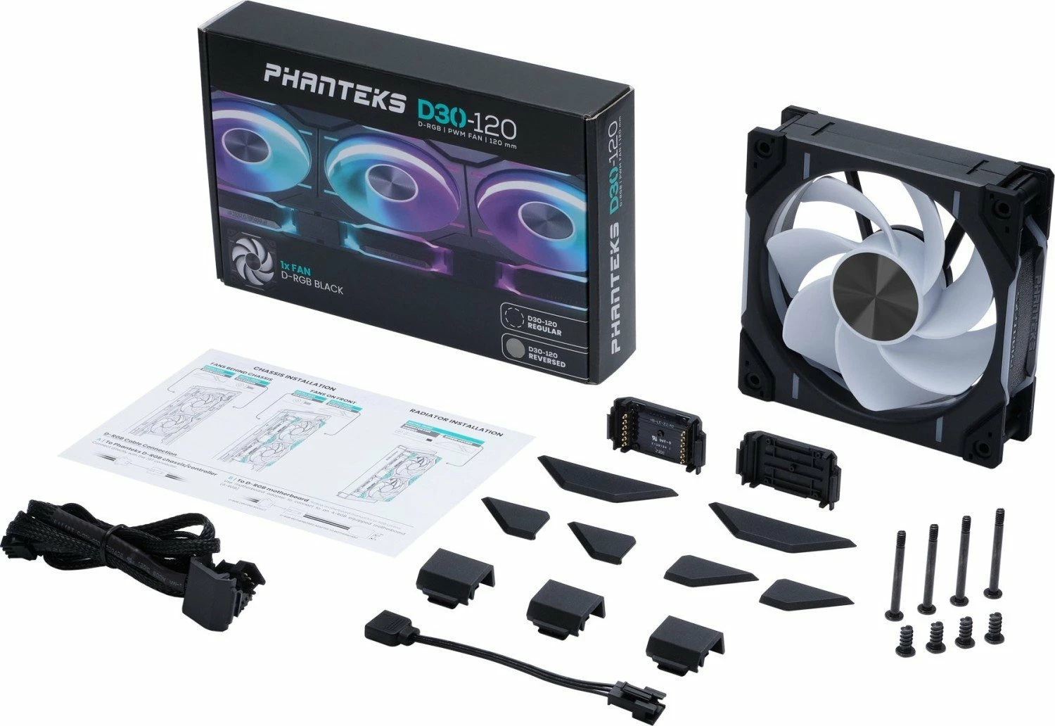Ventilator PC Phanteks D30-120 PH-F120D30R_DRGB_PWM_BK01, 120mm, PWM 4-pin, D-RGB, 30mm, i zi/bardhë, 1 copë