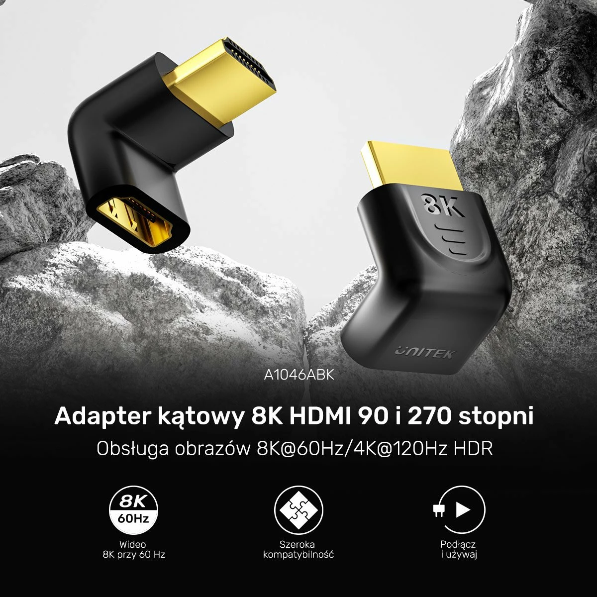 Adapter HDMI këndor Unitek A1046ABK03 8K HDMI 2.1 48Gbps 90°/270°, i zi