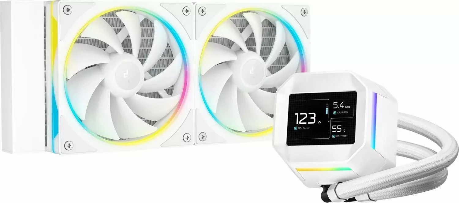 Ftohës uji AIO Deepcool LM240 WH 240 mm, ekran IPS 2.4\", ARGB, set 2x120 mm, i bardhë