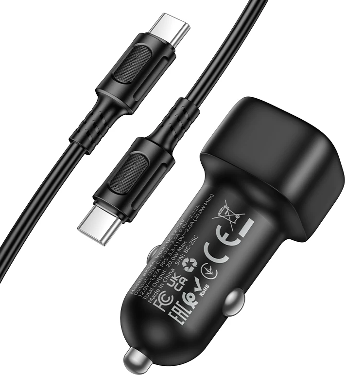 Karikues veture BOROFONE BZ34A PD 20W QC 3.0 me kabllo Type-C në Type-C 1m, i zi