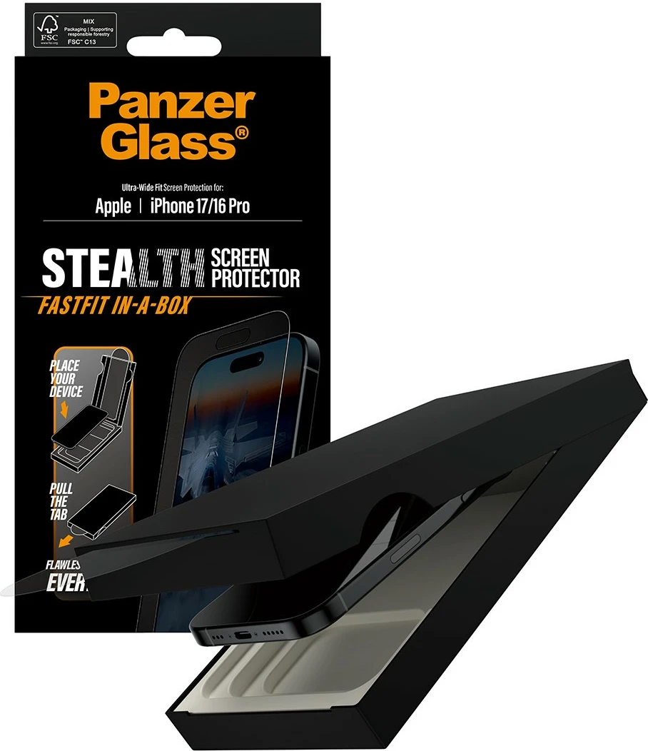 Mbrojtës ekrani PanzerGlass Stealth për iPhone 17 / iPhone 16 Pro, Ultra-Wide Fit, kornizë e zezë