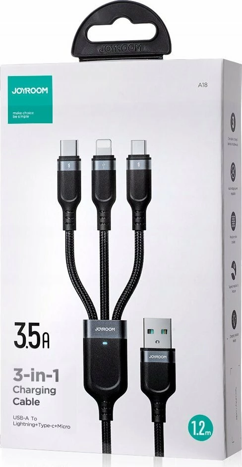 Kabllo USB Joyroom Multi-Use Series S-1T3018A18 (JYR842) 3-në-1 USB-A në USB-C/microUSB/Lightning 1.2 m, e zezë