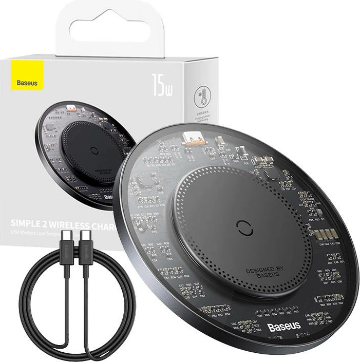 Karikues wireless Baseus Simple 2, 15W me kabllo USB-C në USB-C, zi