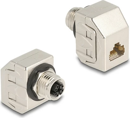 Adapter Ethernet DeLOCK M12 X-coded 8-pin (F) në RJ45 (F), Cat6A STP, metal, këndor, argjendtë