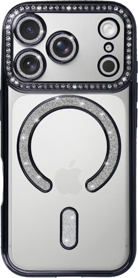 Mbështjellës silikonik ONASI 23895 MagSafe për iPhone 17 Pro Max, transparent e zezë me glitter