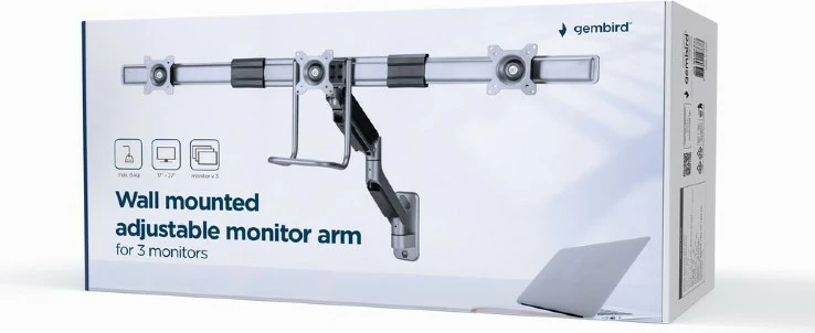 Mbajtës muri për 3 monitorë Gembird MA-WA3-01, 17-27 inç, i zi