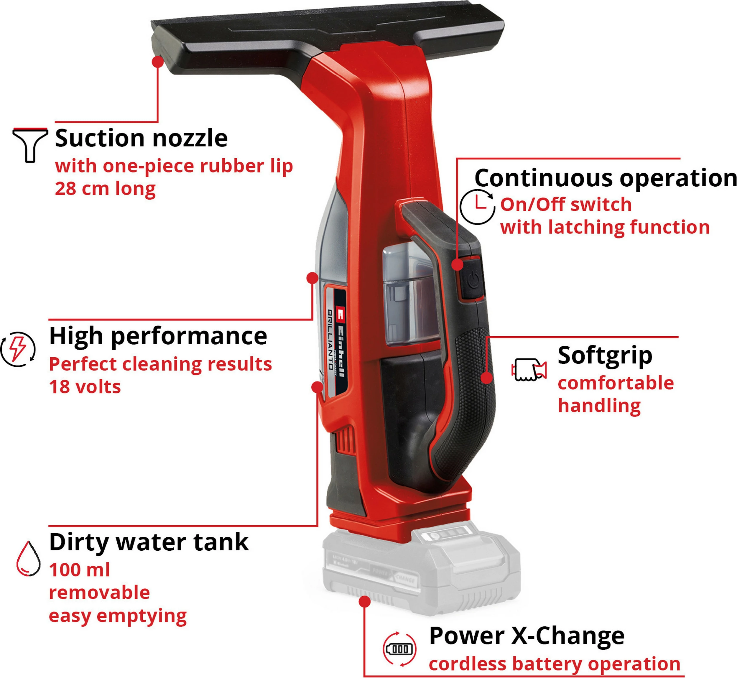 Pastrues dritare pa kabllo Einhell BRILLIANTO, 18V, 0.3L, zi/kuq