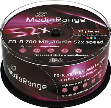 Disqe CD-R MediaRange 700MB 52x, Printable, Cakebox 50 copë