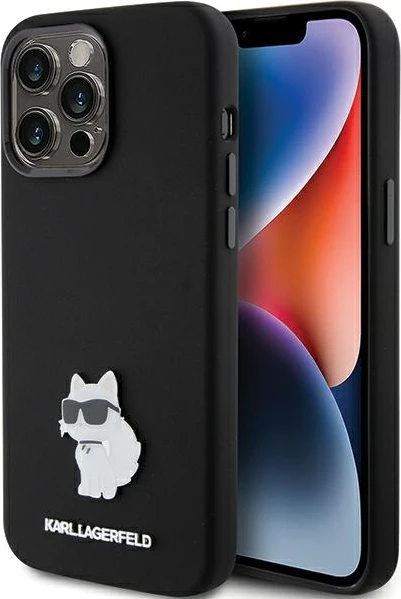 Mbështjellës Karl Lagerfeld Silicone Choupette Metal Pin për iPhone 15 Pro Max, i zi