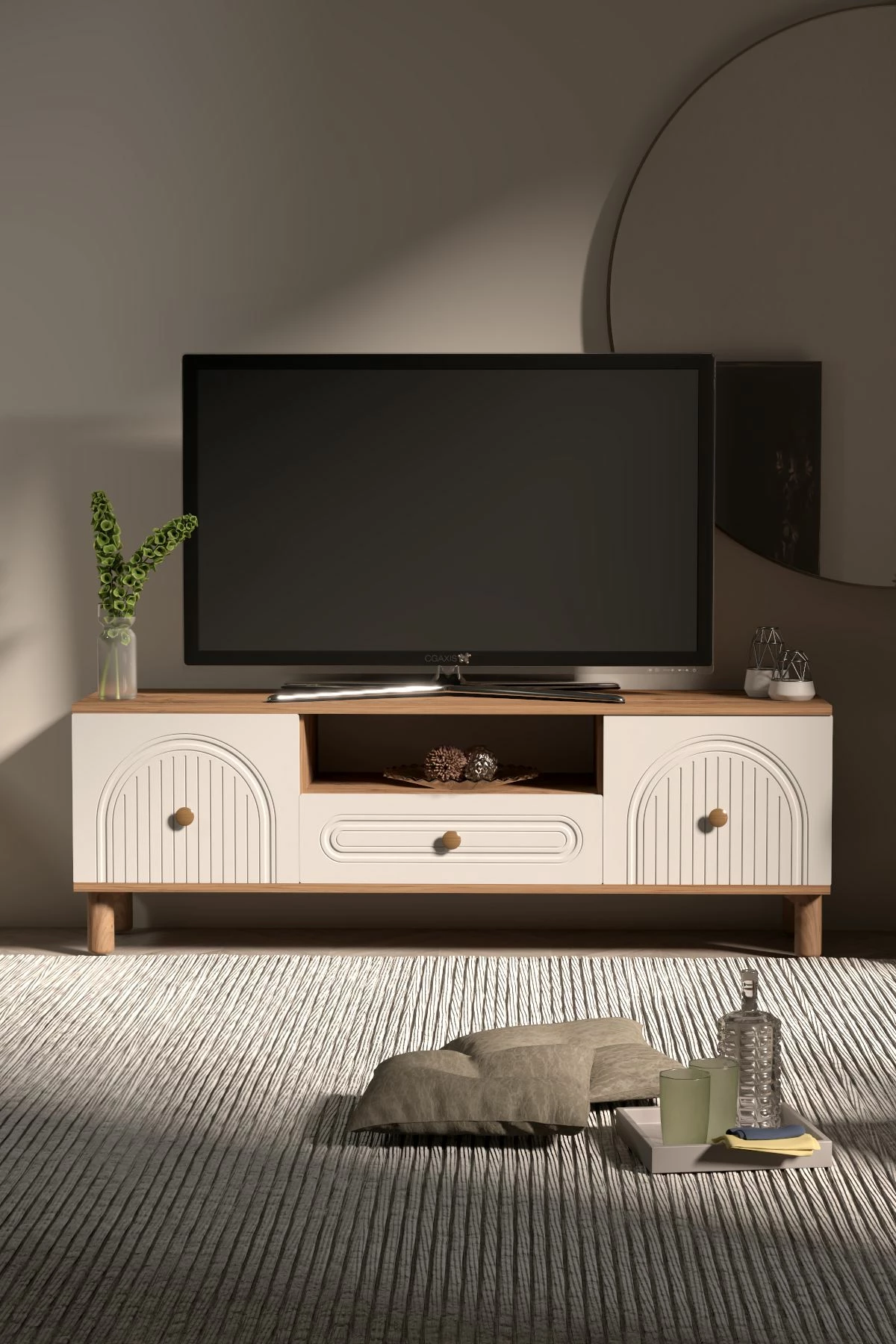 Komodë TV Skye Decor, Bellora 180, ngjyrë Atlantic Pine dhe e bardhë