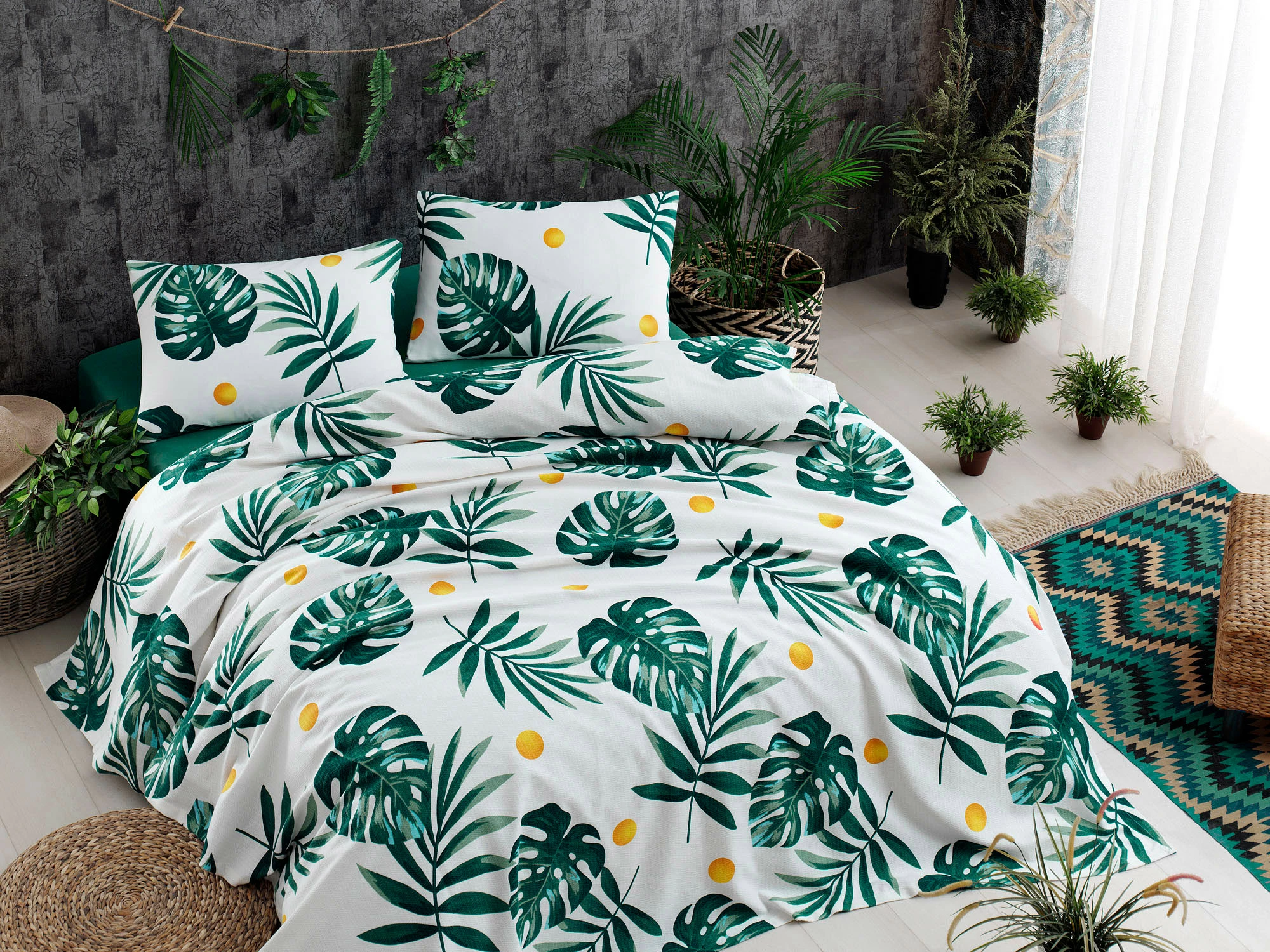 Set piké dopio L'essentiel, Monstera, ngjyrë e gjelbër, e bardhë, e verdhë