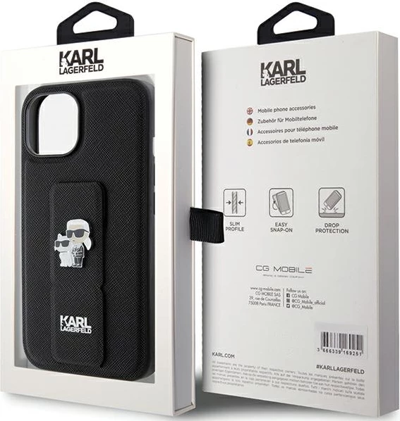 Mbështjellës Karl Lagerfeld Gripstand Saffiano Karl&Choupette Pins për iPhone 15, i zi