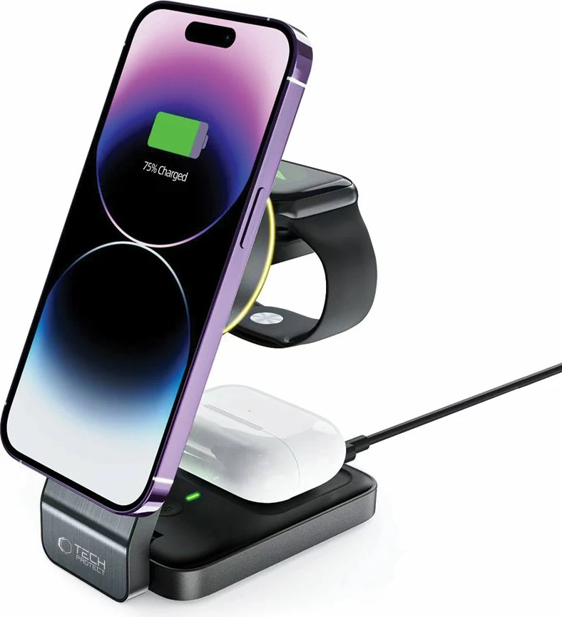 Karikues induktiv 3-në-1 Tech-Protect QI15W-A28 me MagSafe, për smartphone, Apple Watch dhe AirPods, i zi