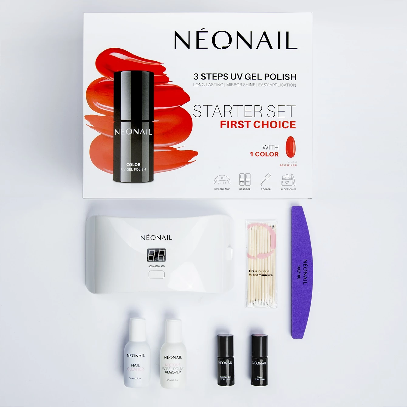 Set fillestar për manikyr hibrid NeoNail First Choice, 2 llakë për thonj + llampë + aksesorë