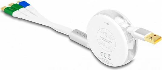 Kabllo karikimi 3-në-1 DeLOCK retraktabile, USB-A në Micro-USB + 2x USB-C, 1.13 m, 3A, e bardhë