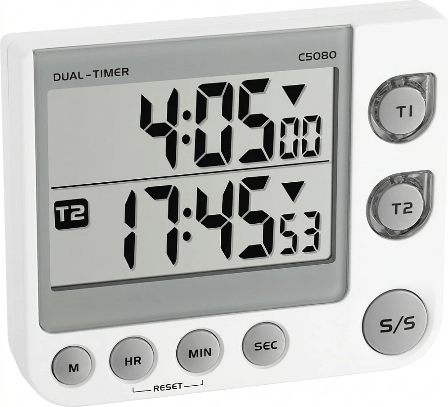 Timer elektronik TFA C5080, dual 2-kanalësh, me ekran LCD, i bardhë