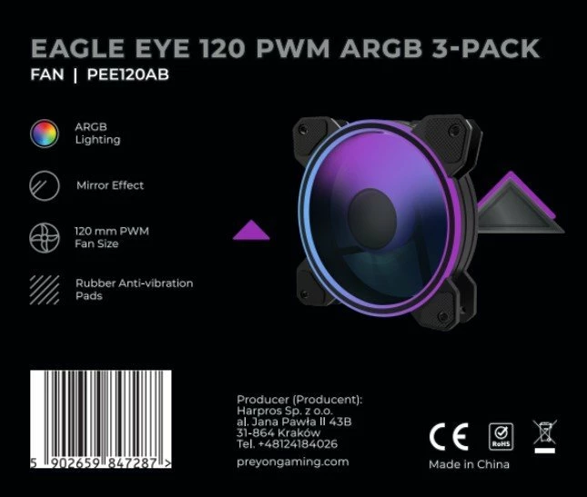 Ventilator kasë PREYON Eagle Eye 120mm PWM ARGB, set 3 copë, zi