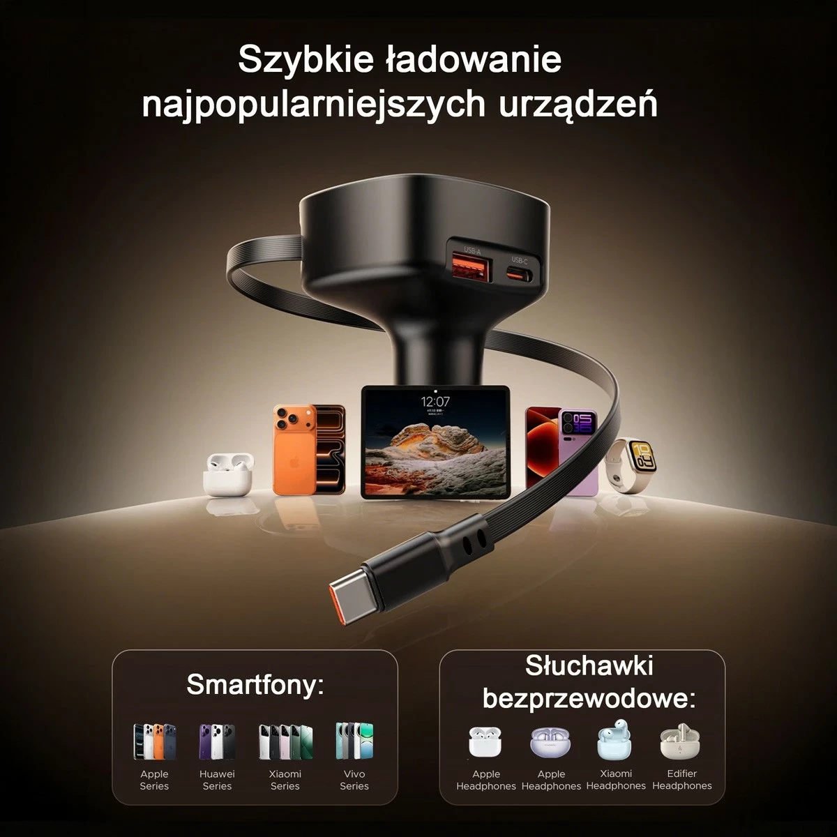Karikues veture Orico 66W, PD, USB-C/USB-A, kabllo USB-C e tërheqshme, i zi
