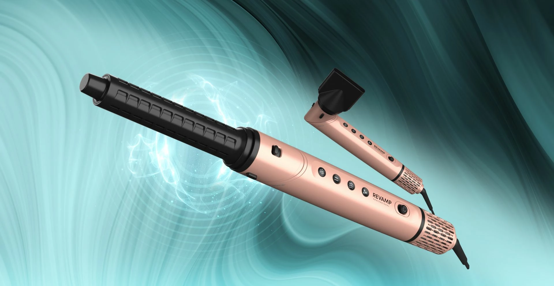 Tharëse flokësh me stilues Revamp Dynamic Radiance Pro DR-2850GD, 6 aksesorë, jonike, 110000 RPM, rozë e artë, set