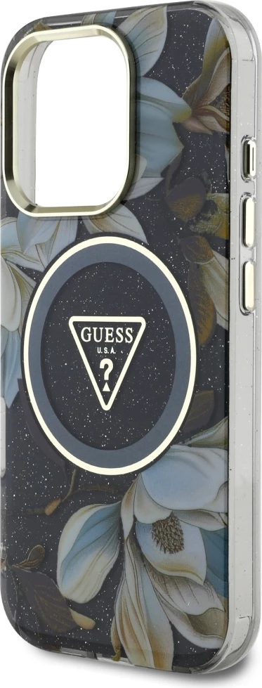 Mbështjellës Guess Glitter Flowers Triangle Buttons MagSafe për iPhone 16 Pro, i zi