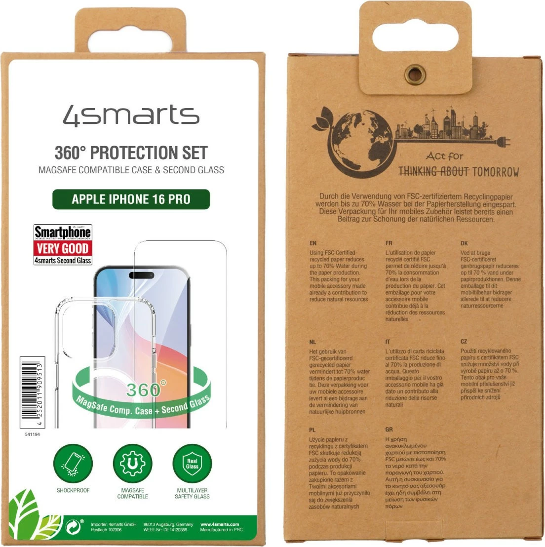 Mbështjellës 4smarts për iPhone 16 Pro, MagSafe, xham i temperuar, transparent