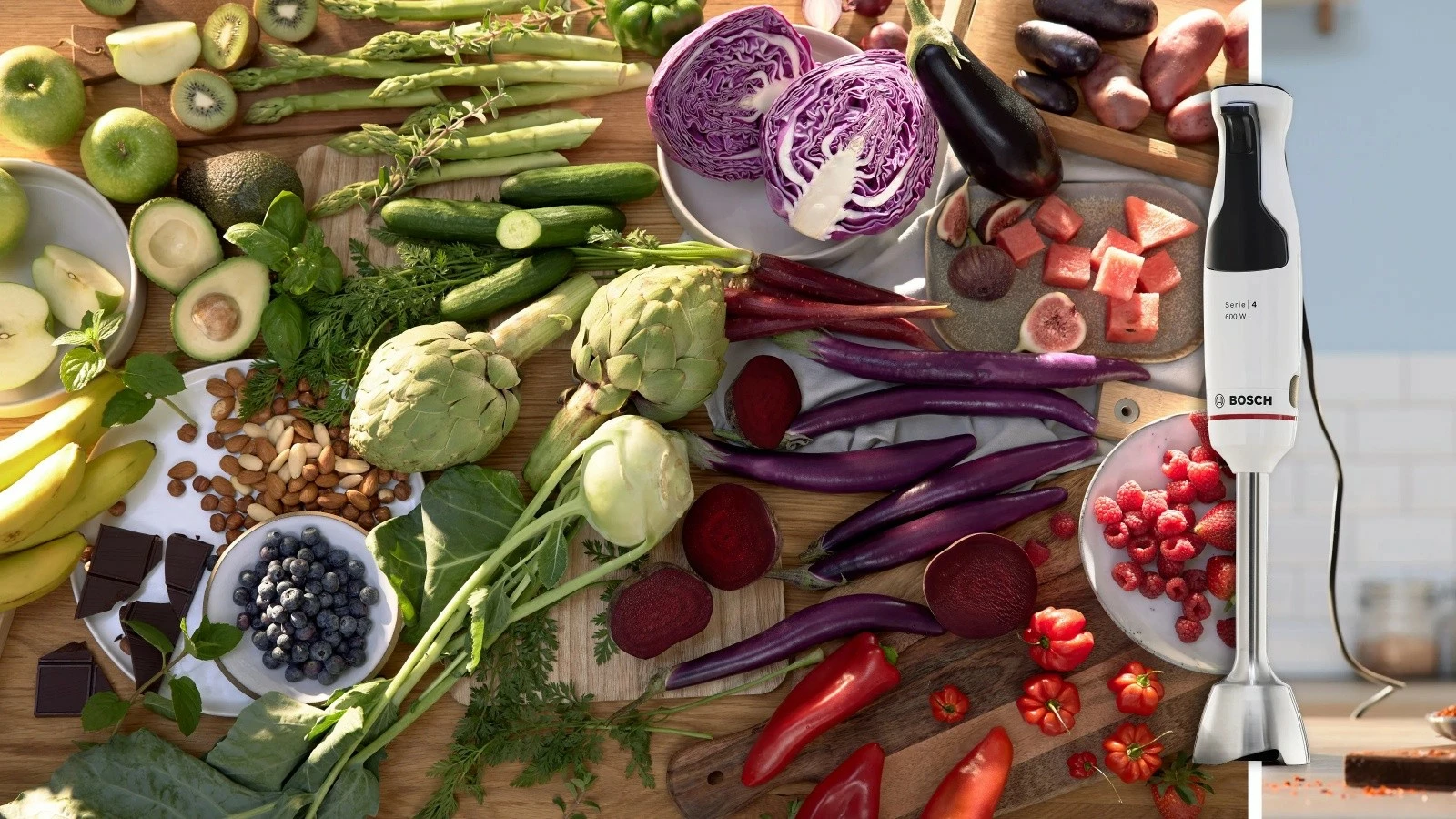 Blender dore, Bosch, MSM4W220, 600 W, rregullim i pandërprerë i shpejtësisë, gotë 0.6 L, trup çelik inox, e bardhë, set me grirës dhe gotë