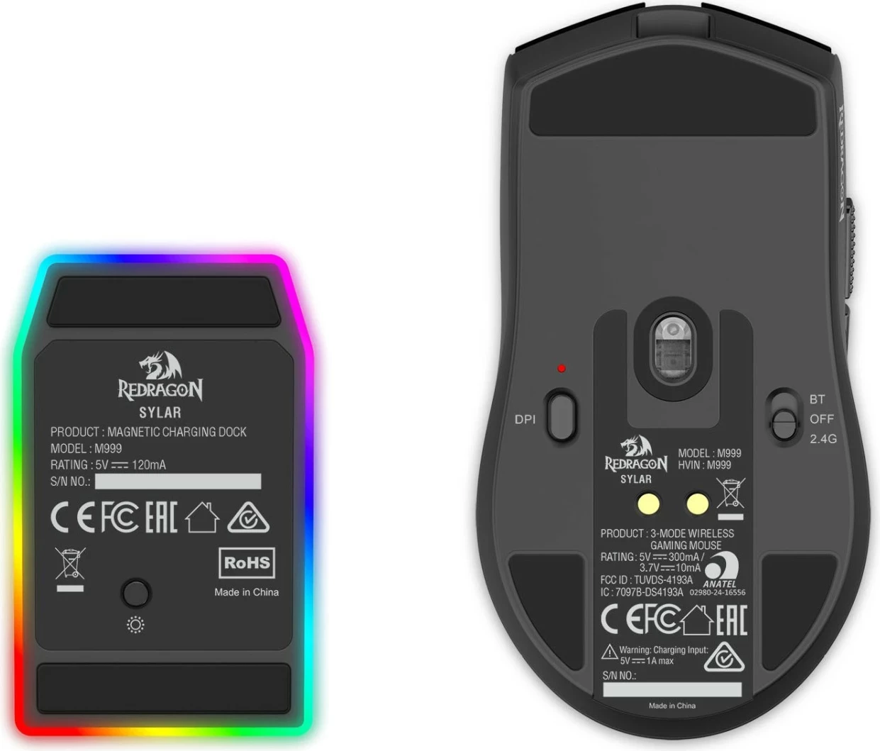 Maus gaming Redragon K1NG ULTRA M999, wireless/Bluetooth, 45000 DPI, me dock karikimi, i zi