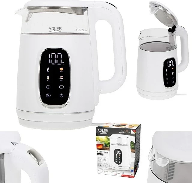 Çajnik elektrik Adler AD 1305ws, 1.7L, i bardhë/argjendtë