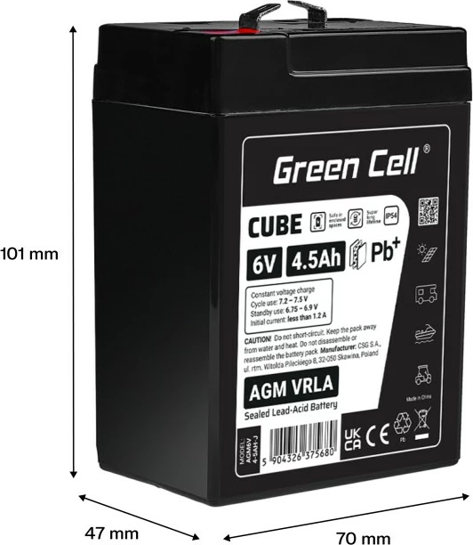 Bateri AGM VRLA, Green Cell, AGM6V4-5AH-J, 6V 4.5Ah IP54, e zezë