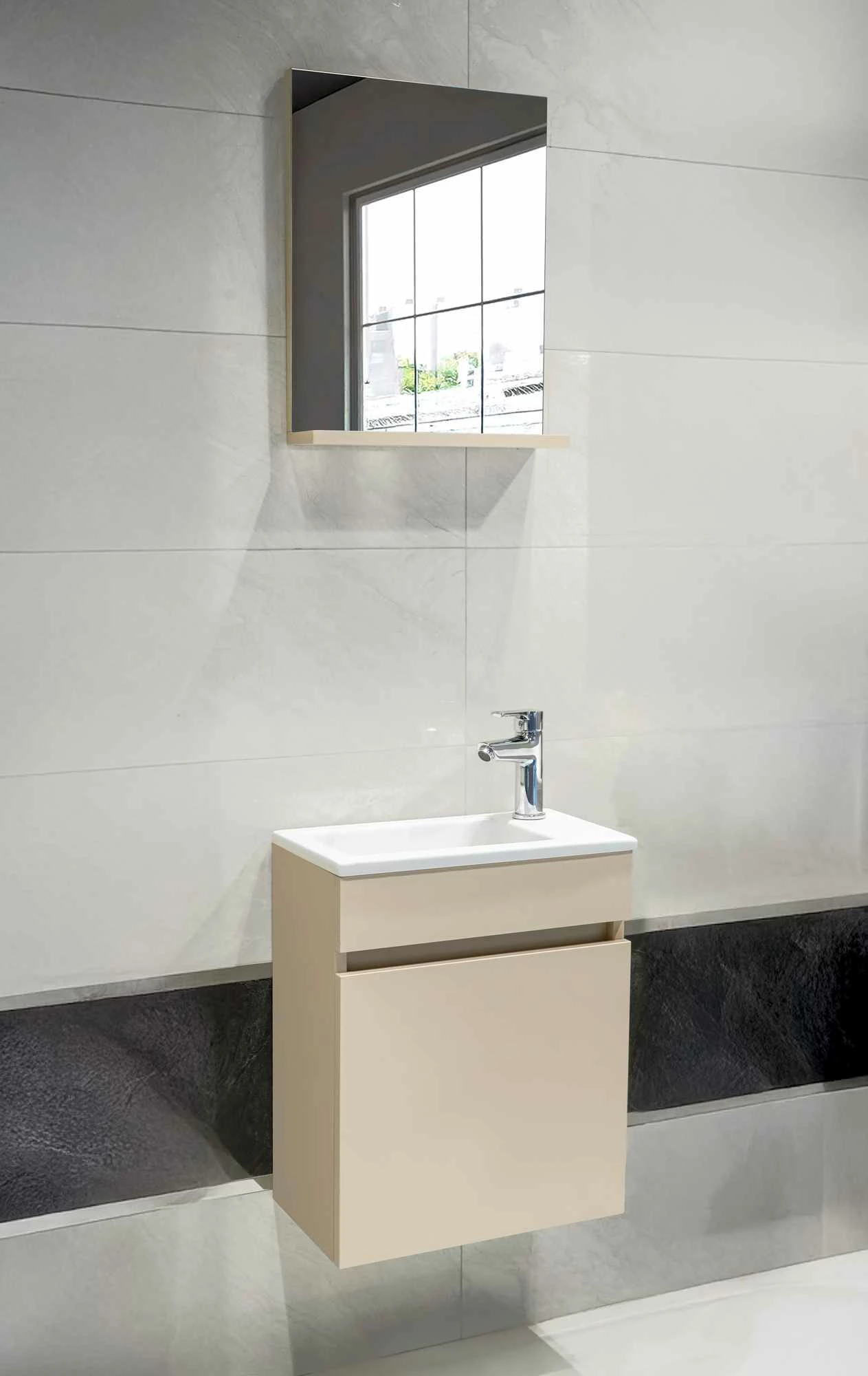 Dollap banjoje, ngjyrë mink, Skye Decor, me lavaman dhe pasqyrë