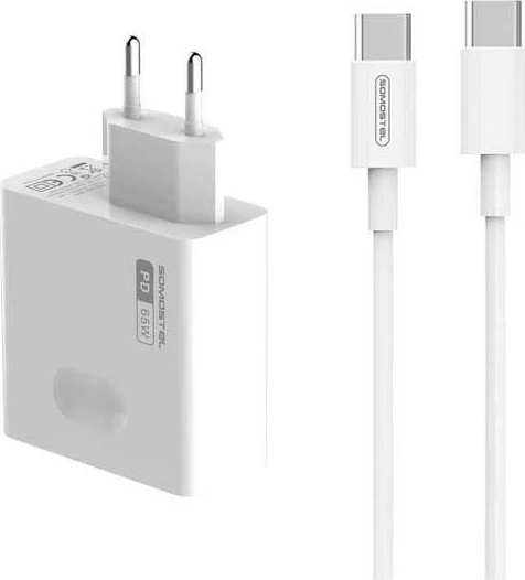 Karikues SOMOSTEL 65W GAN + kabllo Typ-C në Typ-C bardhë