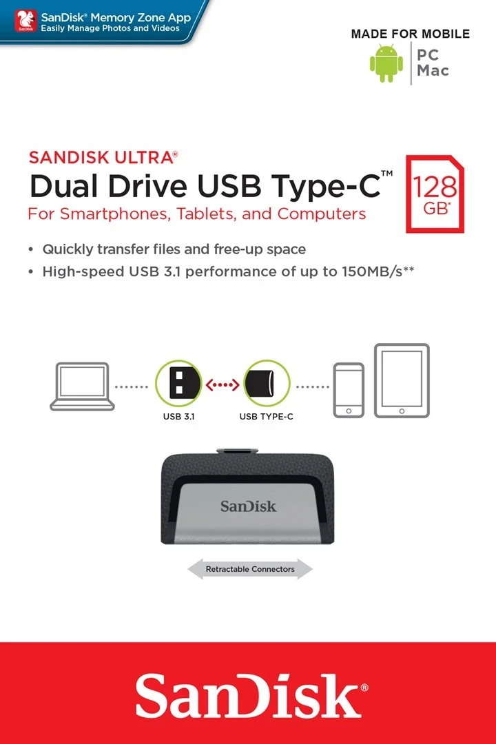USB Flash SanDisk Ultra Dual Drive, 128 GB, USB Type-A / USB Type-C, Argjendtë