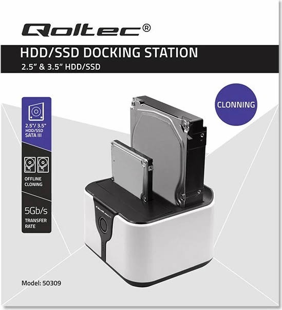 Stacion docking Qoltec 50309, HDD SSD 2.5" 3.5", USB 3.0, Bardhë