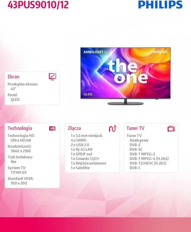 Televizor QLED Philips 43PUS9010/12, 43 inç, Ultra HD/4K, Ambilight, Smart TV, i zi