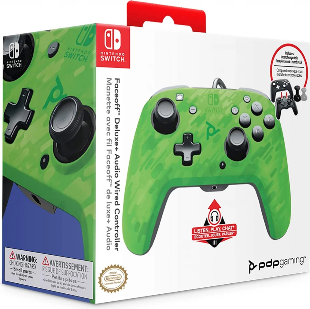 Kontroller me kabllo PDP Faceoff Deluxe + Audio për Nintendo Switch, jack 3.5mm, kabllo USB 10 m, camouflage green