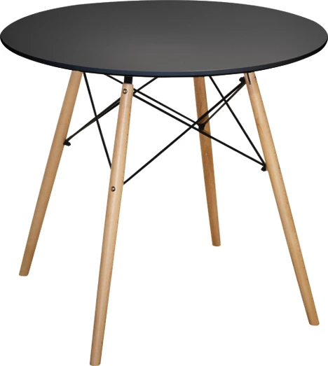 Tavolinë ngrënieje e rrumbullakët minimaliste, FH0059.02, MDF ngjyrë e zezë, këmbë druri ahu natyrale, Φ80x72H cm