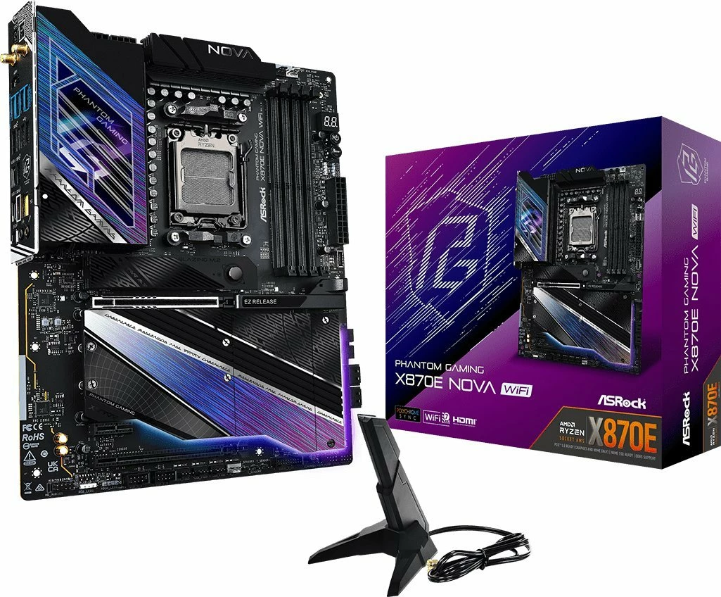 Pllakë amë ASRock X870E Nova WiFi Phantom Gaming ATX DDR5 256GB Wi‑Fi 7 USB4, e zezë/vjollcë, me antenë Wi‑Fi dhe kabllo SATA