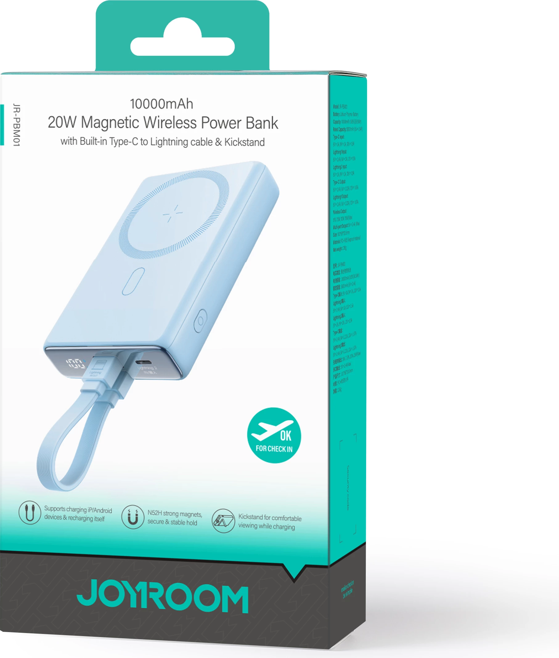 Powerbank Joyroom JR-PBM01, 10000mAh, 20W, MagSafe, me këmbë, kabllo Lightning-USB-C, Blu